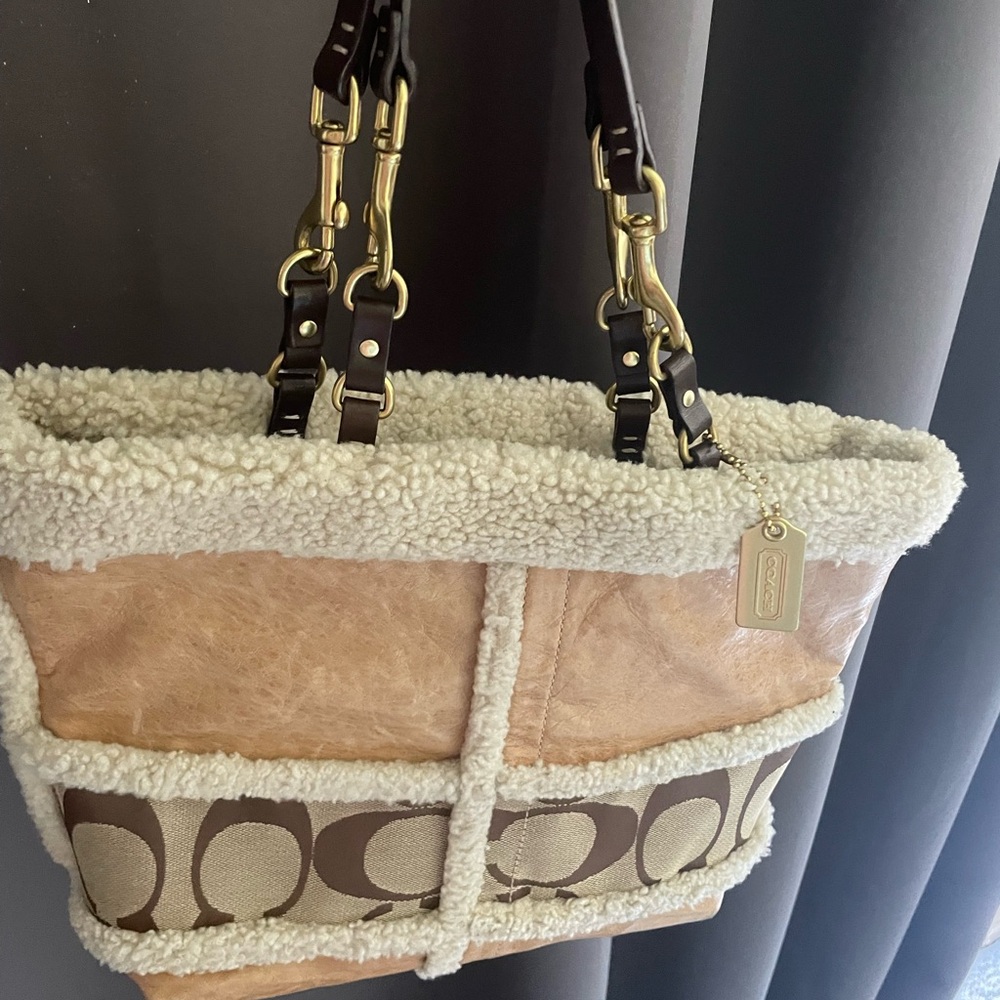 Coach Shearling Trim Tan and Brown Tote